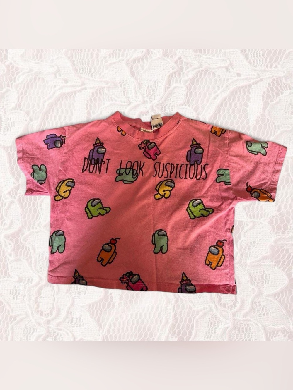 Zara Kids Pink Among Us Cropped Short Sleeve Shirt Size 10